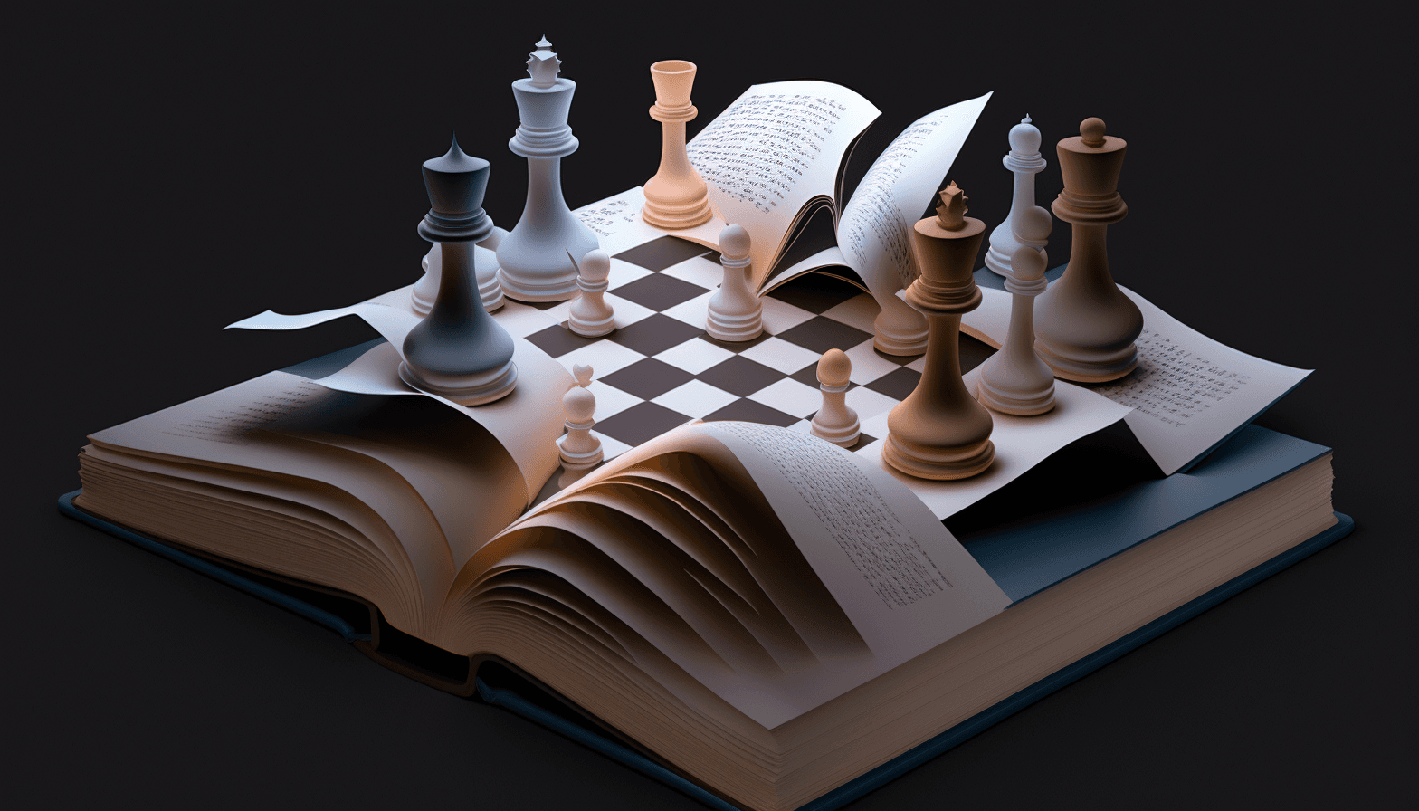 Open book with a chess board and pieces Illustration